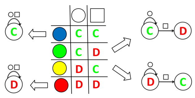 Suppose that circles are the in-group and squares the out-group. The four possible strategies and their minimal representations as finite state machines is given.